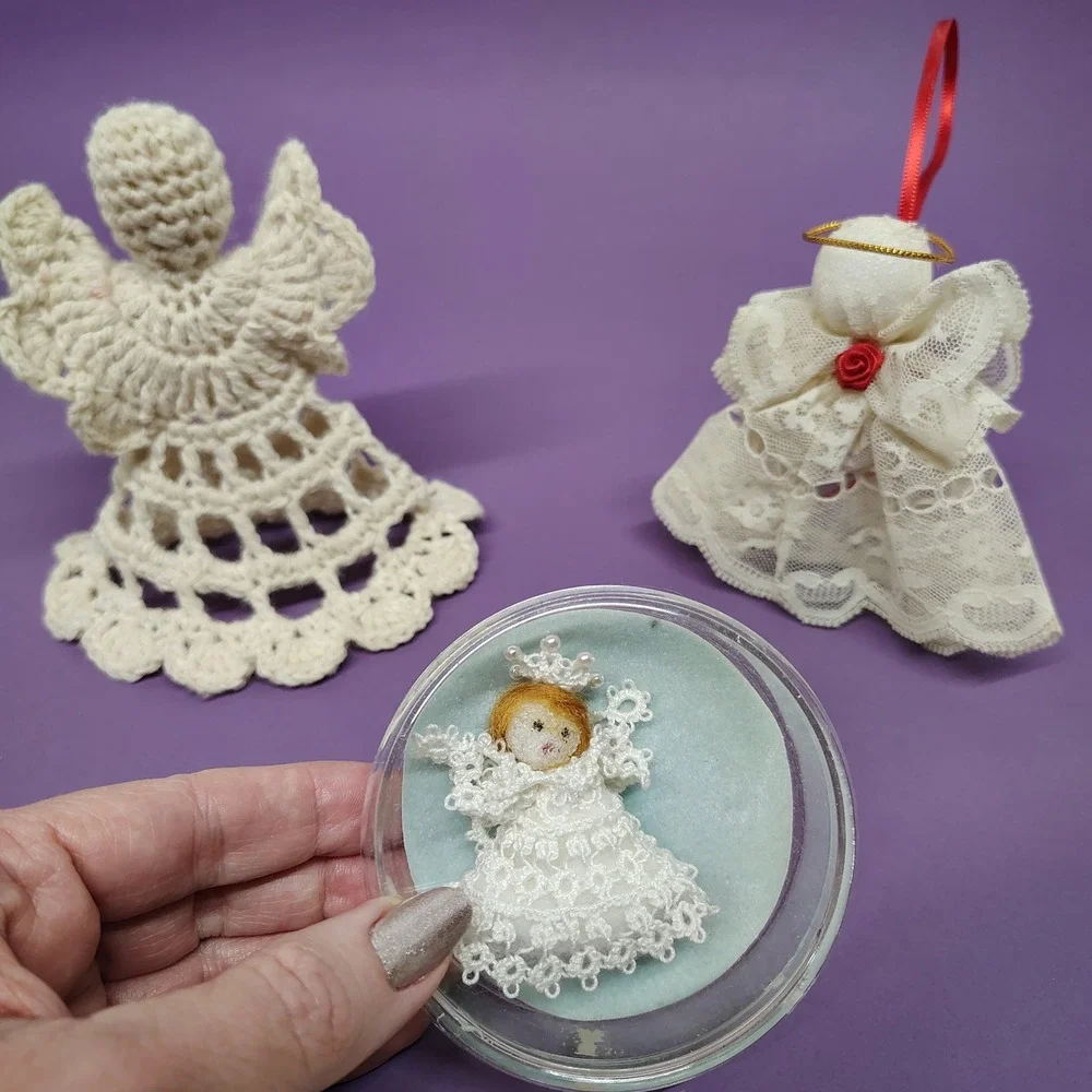 Lot of 2 Angels Vtg‎ Handmade Ornaments Crochet Lace Religious Christmas Decor